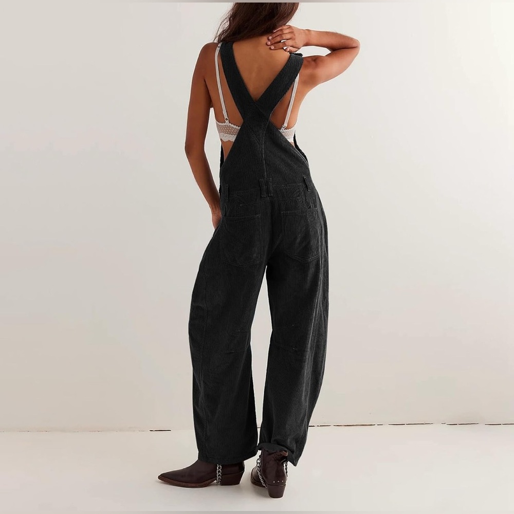 Corduroy Loose Jumpsuit Casual V Neck Oversized Wide Leg Pant with Pockets